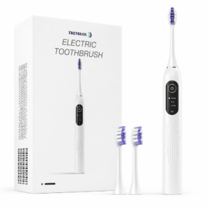 Electric toothbrush with purple-bristled head and two replacement heads beside a white TRENDLOX box.