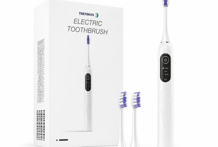 Electric toothbrush with purple-bristled head and two replacement heads beside a white TRENDLOX box.